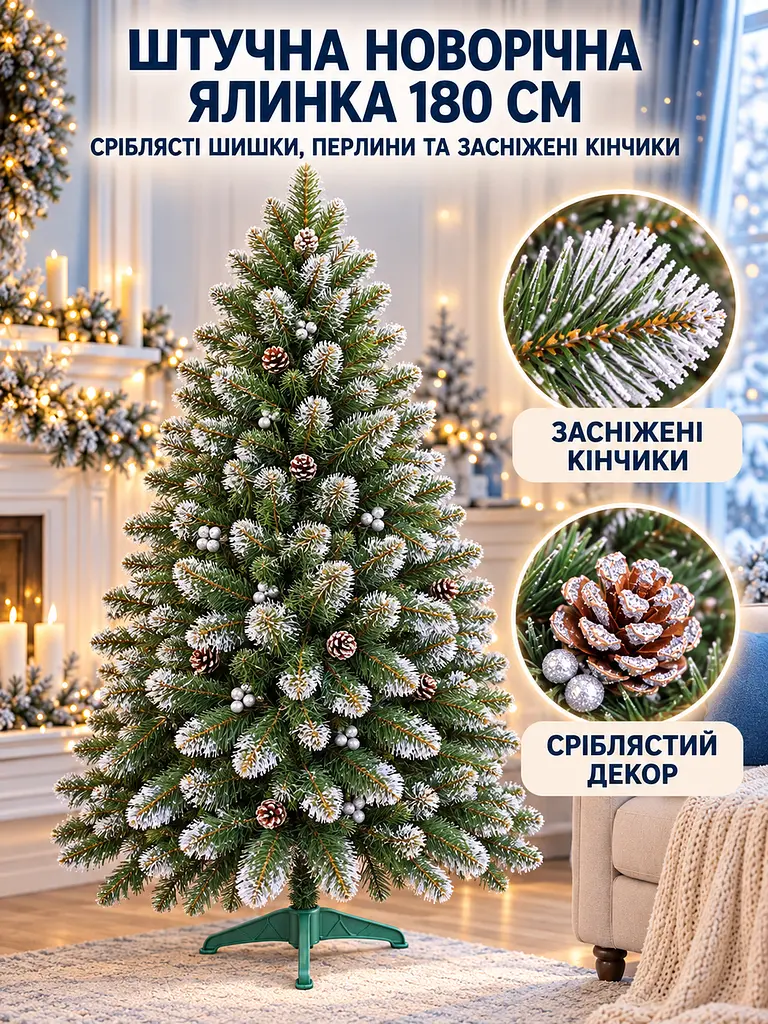 Сертифицированная елка искусственная пушистая с снегом и серебряными шишками и жемчужинами YaLINKA КS18 180 см с - фото 3