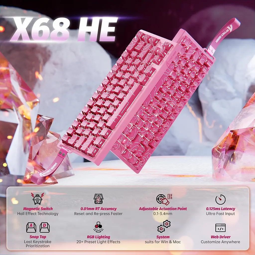 Ігрова магнітна клавіатура ATTACK SHARK X68 HE,RGB,Rapid Trigger, Рожевий - фото 8