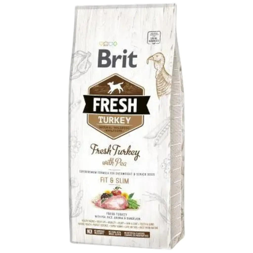 Сухий корм Brit Fresh для дорослих собак, із зайвою вагою, з індичкою та горохом, 12 кг