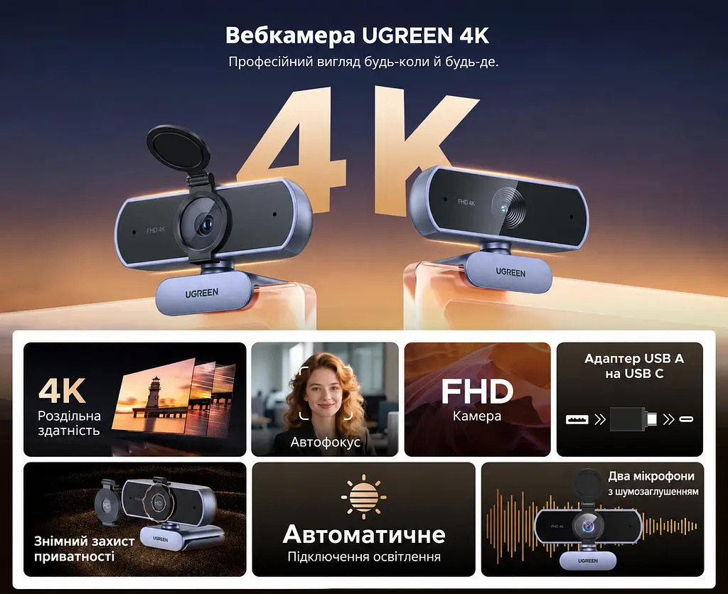 Вебкамера UGREEN CM831 USB-A 4K 30 кадрів/с і 1080p 60 кадрів/с для 4K (65381) - фото 2