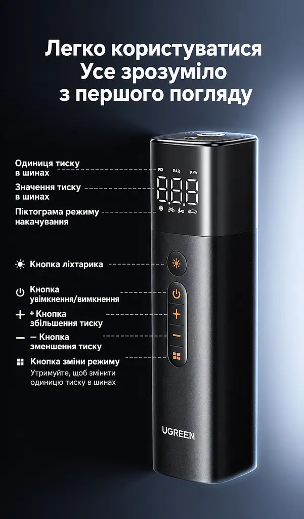 Автомобільний компресор UGREEN ET501 насос для шин від прикурювача 12 В тиск 3–150 psi 30 л/хв без навантаження автостоп за заданим тиском цифровий манометр ліхтар із попередженням і SOS захист від перегрівання пам’ять тиску швидкознімний адаптер Schrader перехідник Presta насадки для м’ячів і надувних виробів знімний кабель живлення 3 м знімний повітряний шланг 17 см двигун 120 Вт чорно-темно-сірий з помаранчевими позначками (35573) - фото 3