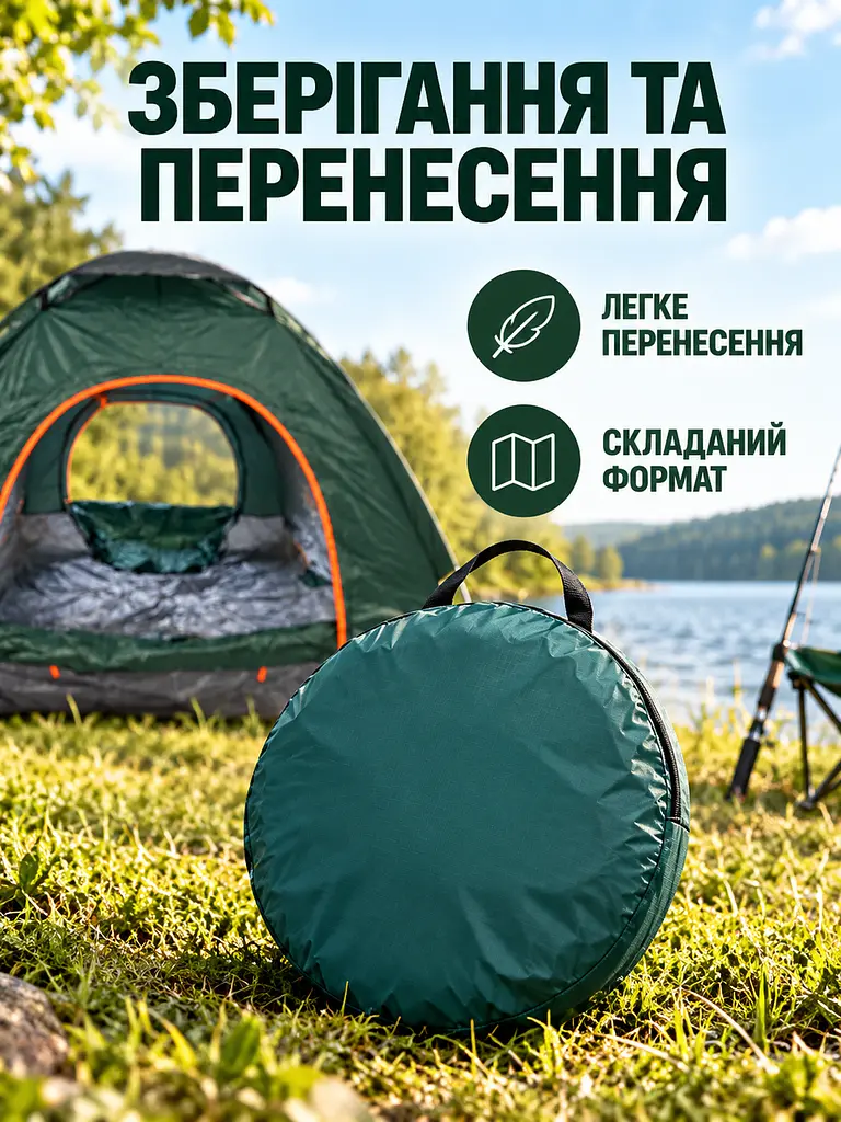 Намет автоматичний 4-місний 200×200×145 см з москітною сіткою для кемпінгу та риболовлі, зелений (49676379) - фото 9