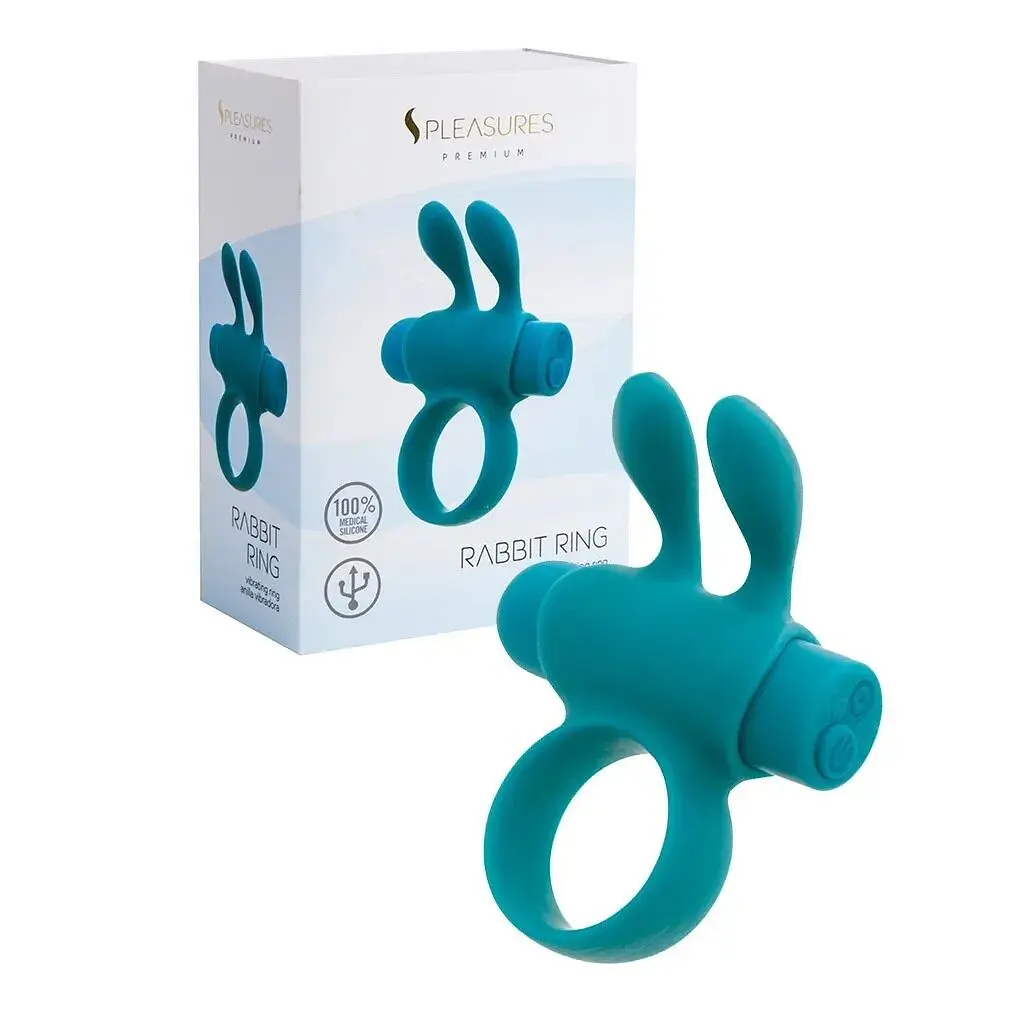 Ерекційне віброкільце S Pleasures Premium Rabbit Ring бірюзове, зі знімною віброкулею та вушками - фото 2