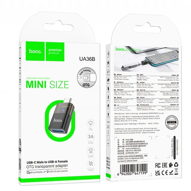 Адаптер Hoco UA36B Type-C папа to USB мама OTG прозрачный адаптер Черный - фото 2