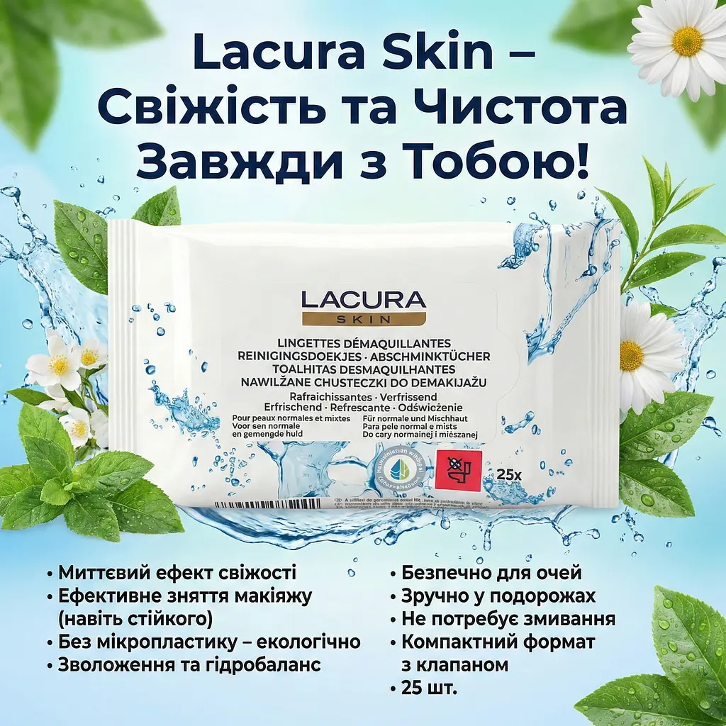 Міцелярні вологі серветки для зняття макіяжу Lacura Skin для нормальної шкіри 25 шт. Косметичні серветки - фото 2