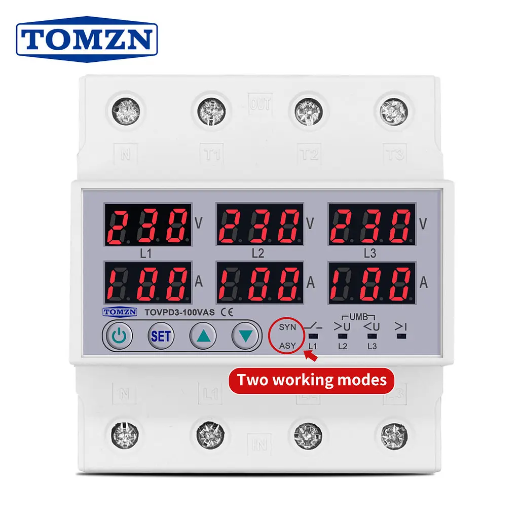 Цифрове реле контролю напруги та струму трифазне TOMZN TOVPD3-100VAS 100A 3x220V Розумний захисний автомат змінного струму (19601) - фото 2