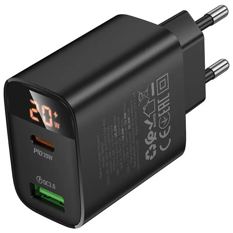 МЗП Borofone BA96A Ilustre with digital display PD20W+QC3.0 (1USB-A/1C) Black - фото 3