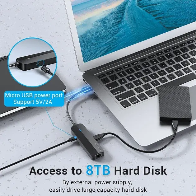 Хаб USB 2.0 -> 3хUSB 2.0/RJ45 100Mb Ethernet Vention - фото 4