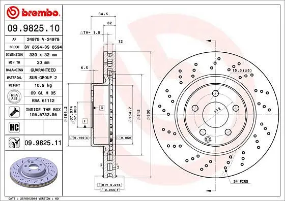Диск гальмівний передній вентильований Mercedes E-class, Sl 01-12р Brembo (09.9825.11) - фото 2