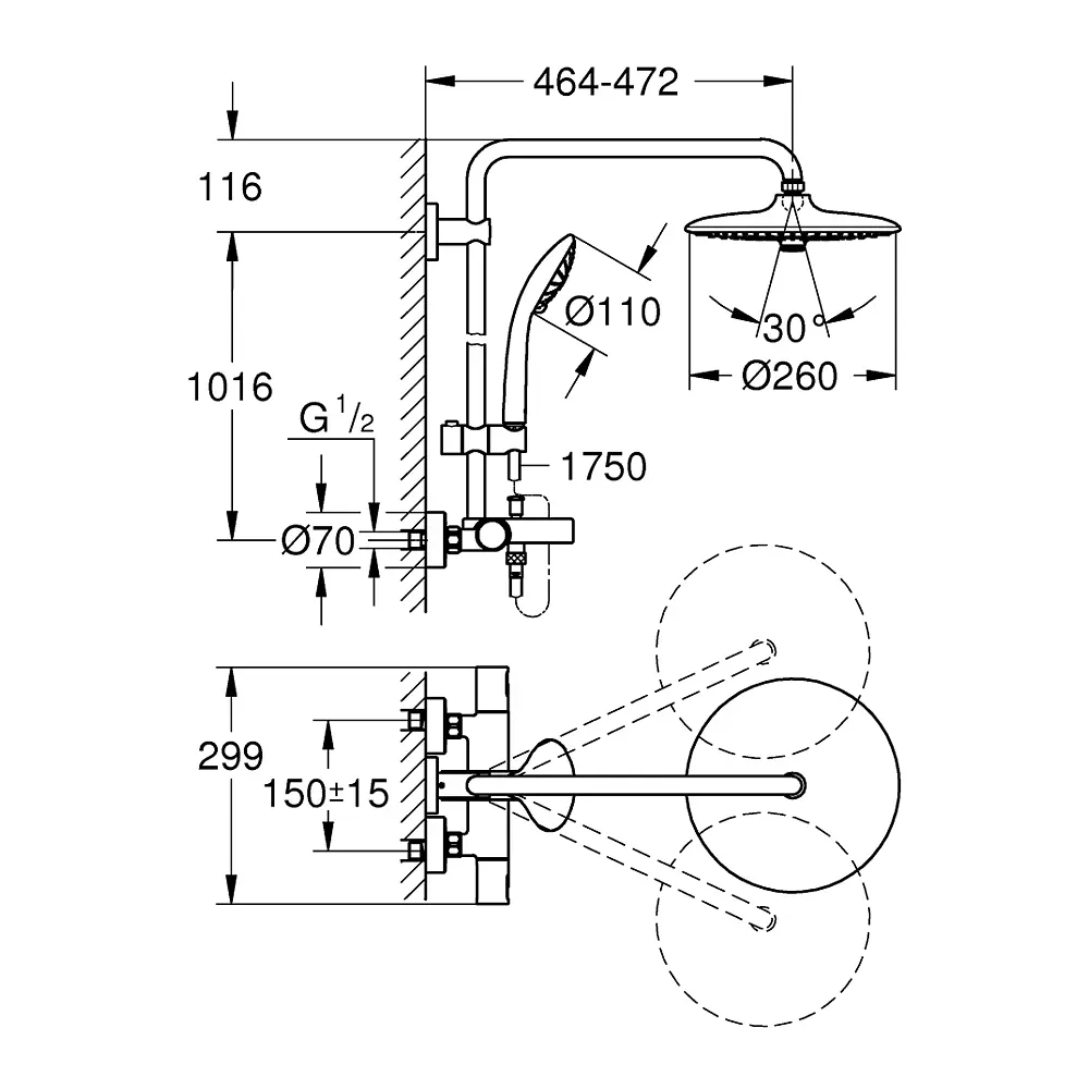 Душова система термостатична Grohe QuickFix Vitalio Joy System 260 27860001, Хром - фото 2