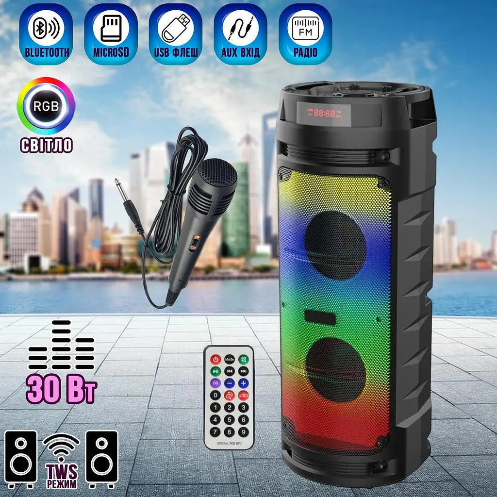 Портативна акустична система Winso ZQS6210W-6.5"x2 з RGB 30W з караоке мікрофоном та пультом - фото 7