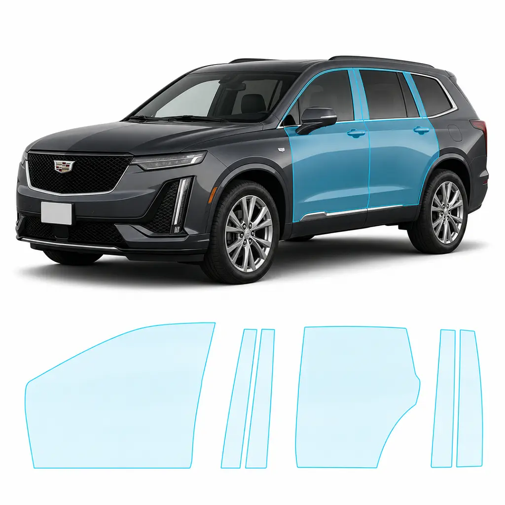 Антигравійна захисна бронеплівка за лекалами для Cadillac XT6 I 2019- зони дверей і стійки вікон