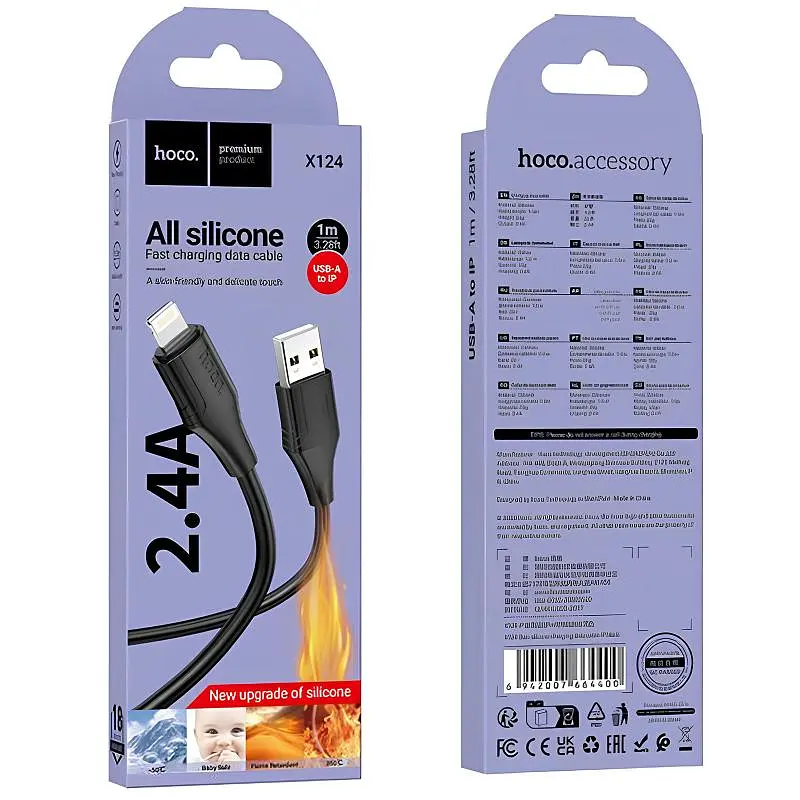 Дата кабель Hoco X124 Bien silicone USB to Lightning 2.4A (1m) Black - фото 4