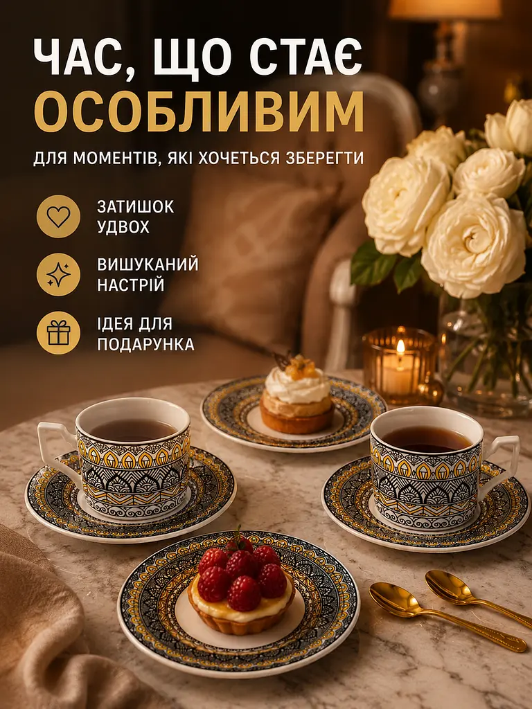 Чайний сервіз фарфоровий на 2 персони, чашки 220 мл, блюдця Ø14 см, золоті ложечки (49676222) - фото 9