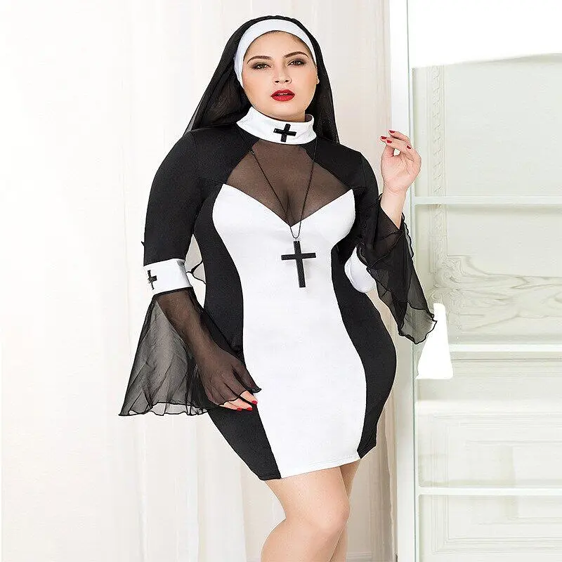 Еротичний костюм черниці JSY «Грішниця Лола» Plus Size Black, сукня, хрест, апостольник - фото 3