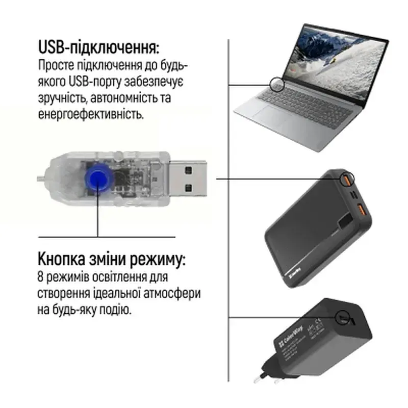 Гірлянда ColorWay Мішура LED 150 5 м 8 функцій теплий колір USB (CW-G-150L5U) - фото 11