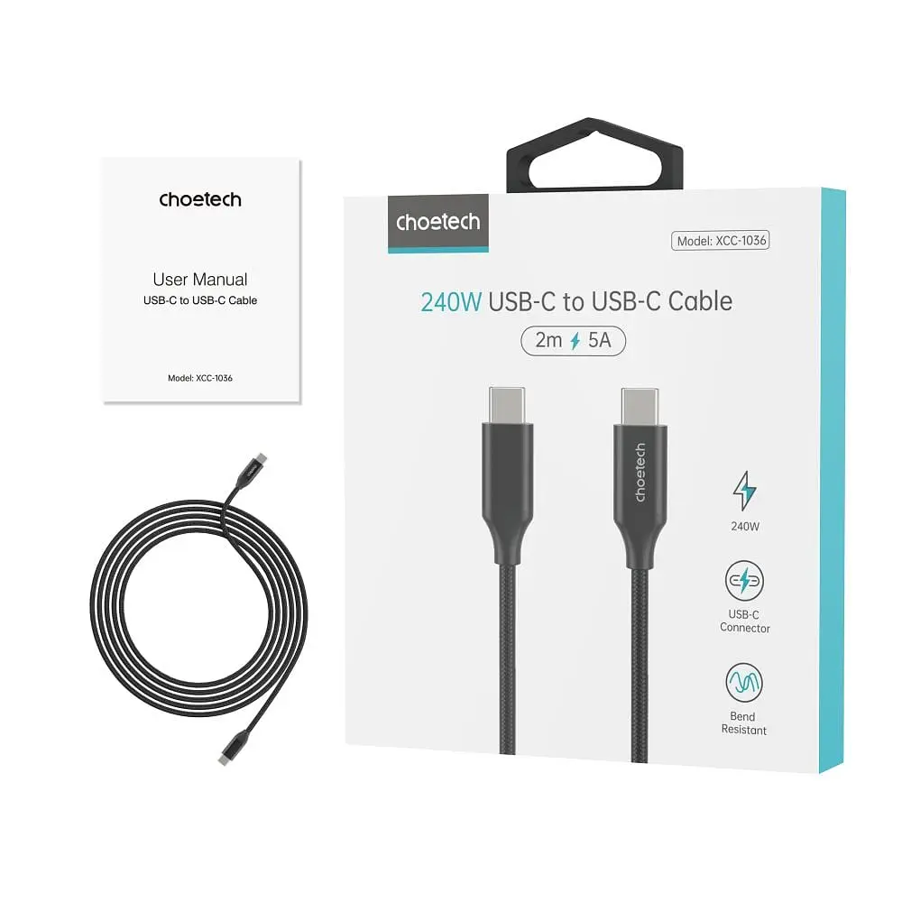 Кабель Choetech ХСС-1036 Black USB-C to USB-C PD3.1 240W 2m (43-00126) - фото 3