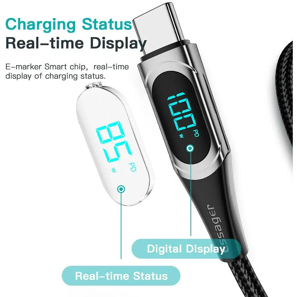 Кабель Essager USB Type-C to Type-C 100W с дисплеем быстрая зарядка 20V 5A - фото 2