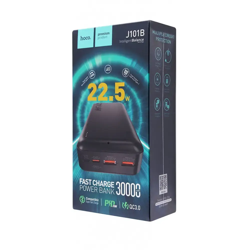 Универсальная зарядная батарея Hoco J101B 30000mAh Astute PD20W+QC3.0 22.5W 2USB Micro/Type-C (Черный) - фото 4