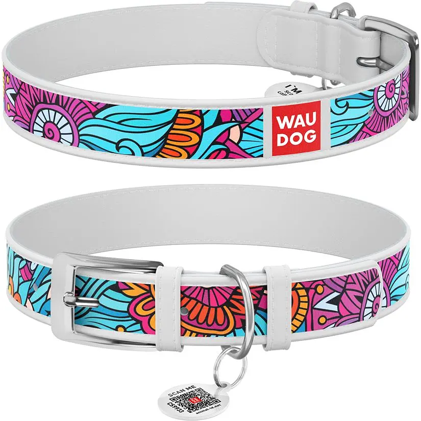Ошейник для собак Waudog Design Лето, кожаный, с QR паспортом, 30-39х2 см, белый - фото 4