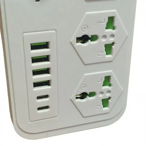Мережевий фільтр подовжувач 2 метри на 3 розетки, 4 USB 3.4A, 2 Type-C з вимикачем та заземленням 3000Вт 16А Power Socket J07 білий - фото 14