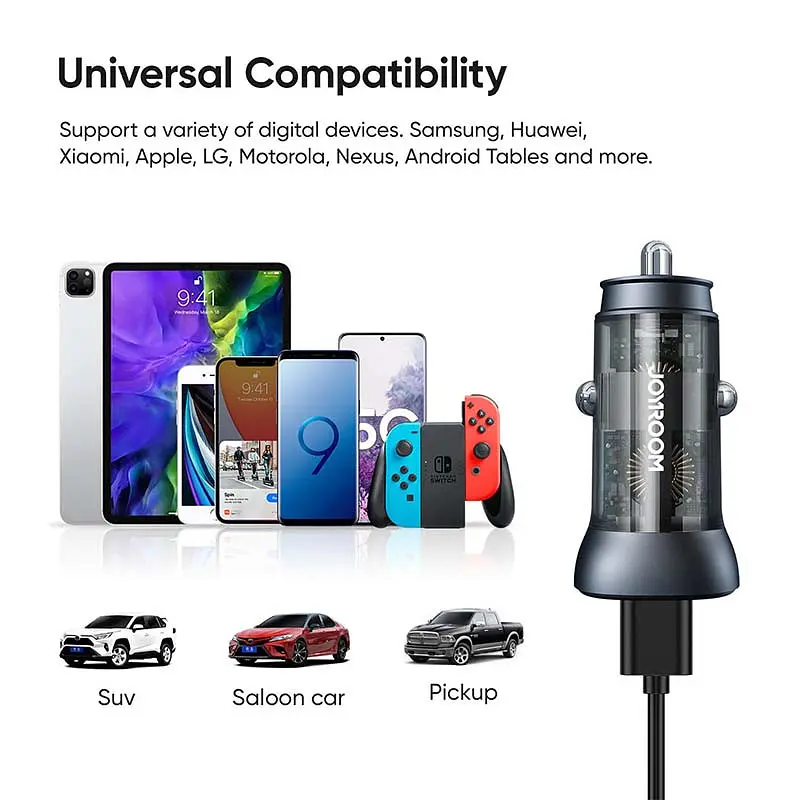 Адаптер автомобильный JOYROOM Dual ports transparent car charger C-A42 1USB/1Type-C, 38W/3A, PD/QC - фото 6
