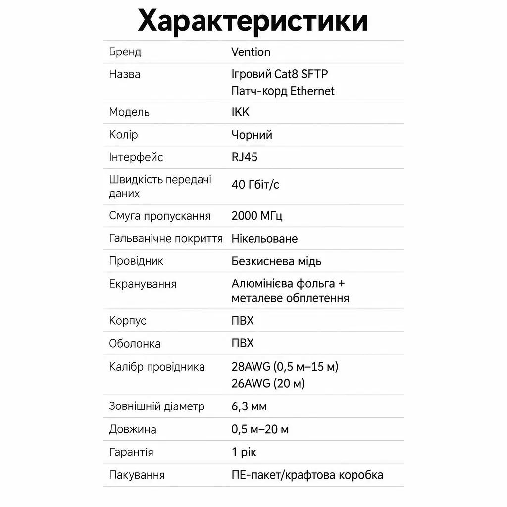 Кабель Ethernet Cat8 Vention 1 м патч-корд зі штекерами RJ45 на обох кінцях смуга пропускання 2000 МГц і швидкість передавання до 40 Гбіт/с фактична швидкість з’єднання залежить від можливостей портів обох пристроїв у комплекті 2 прозорі пилозахисні ковпачки RJ45 екранування фольгою та металевим обплетенням чорний (IKKBF) - фото 8