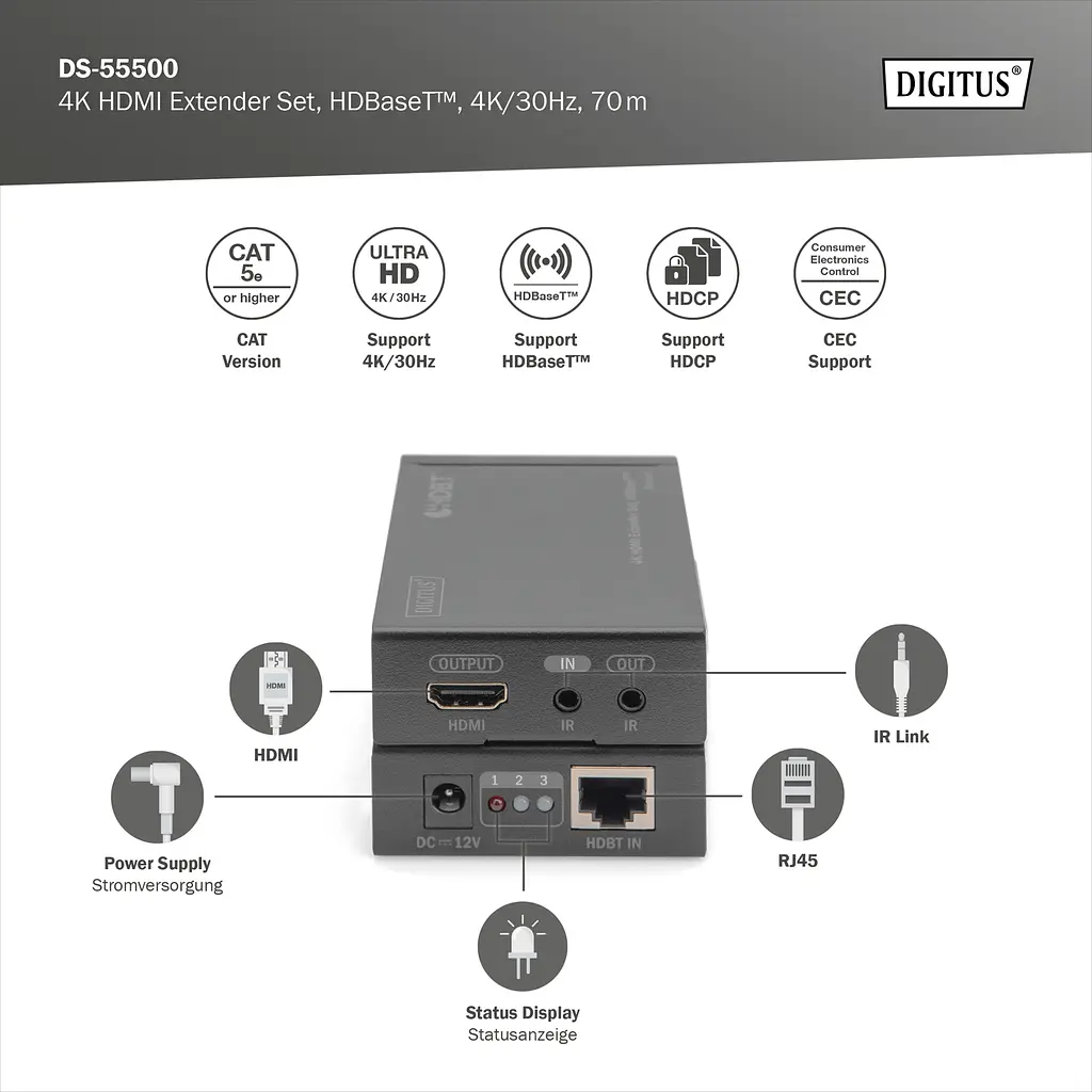 Набір подовжувачів Digitus HDMI, HDBaseT, UHD 4Kx2K@30Гц, (Cat 5E, 6, 7), 70м - фото 3
