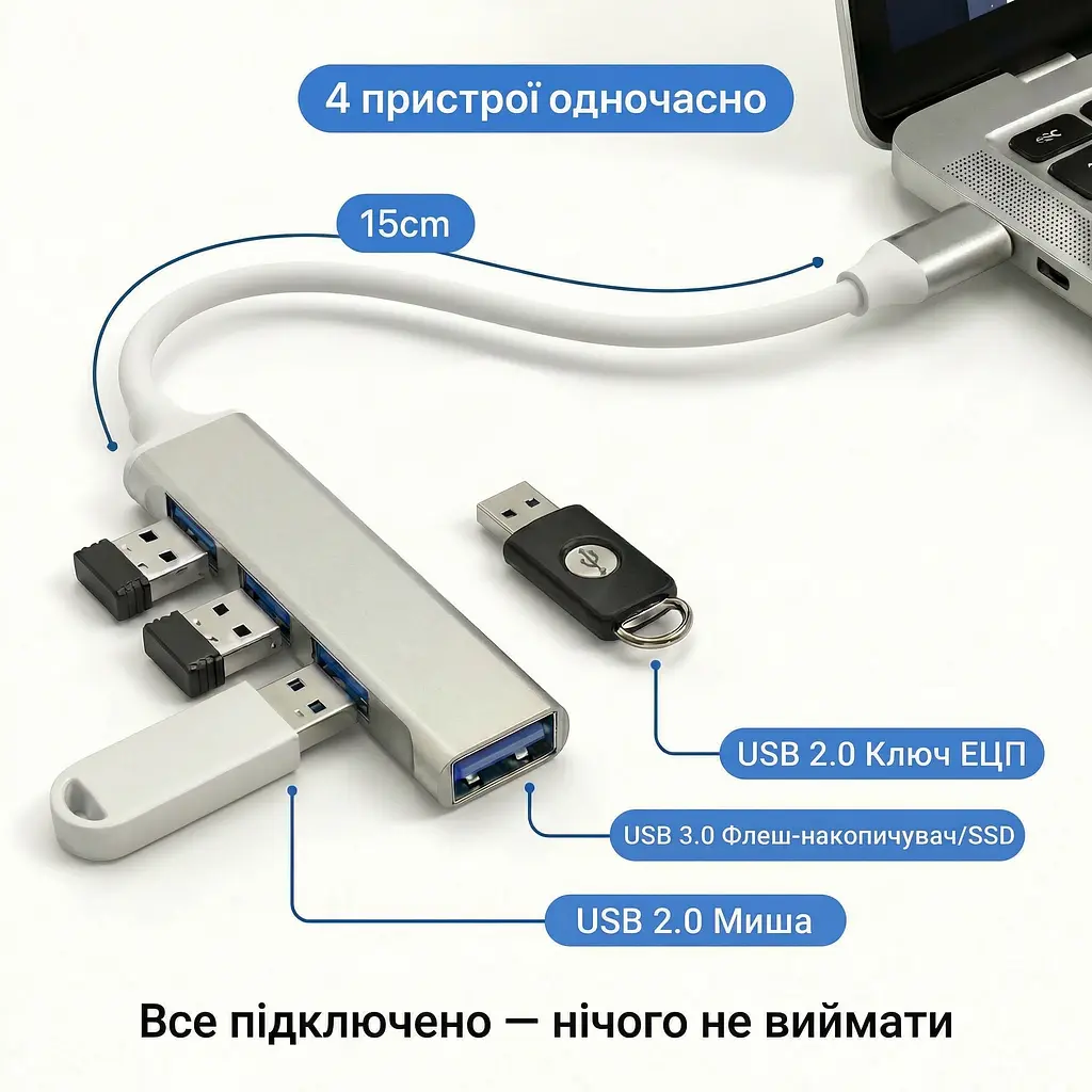Алюмінієвий USB-хаб 4 порти 1×USB 3.0 + 3×USB 2.0 з підключенням Type-A і Type-C - фото 5