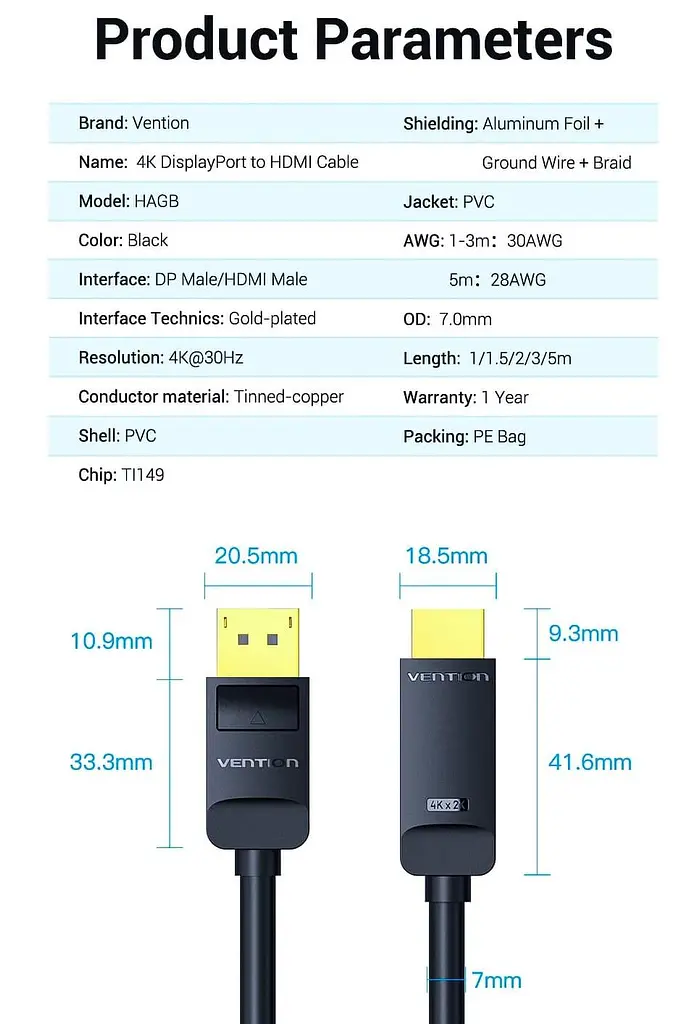 Кабель Vention DisplayPort-HDMI V 1.2 1.5 м (HAGBG) - фото 3