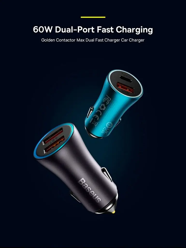 Автомобільний зарядний пристрій Baseus Golden Contactor Max Dual Fast Charger Car Charger U+C 60W Dark Gray (CGJM000113) [77942] - фото 3