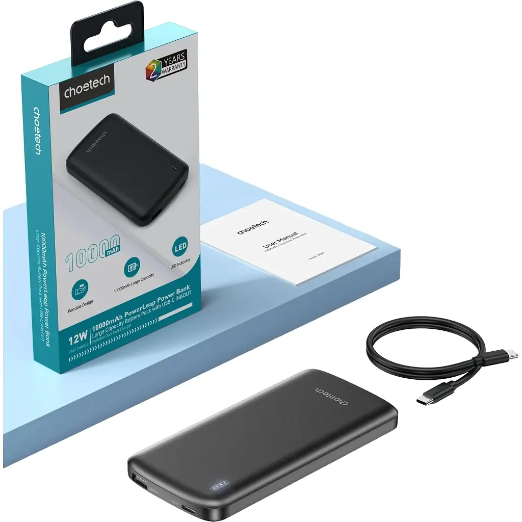 Батарея универсальная Choetech 10000mAh, 12W, USB-A, USB-C, Black (B850-ACBK) - фото 4