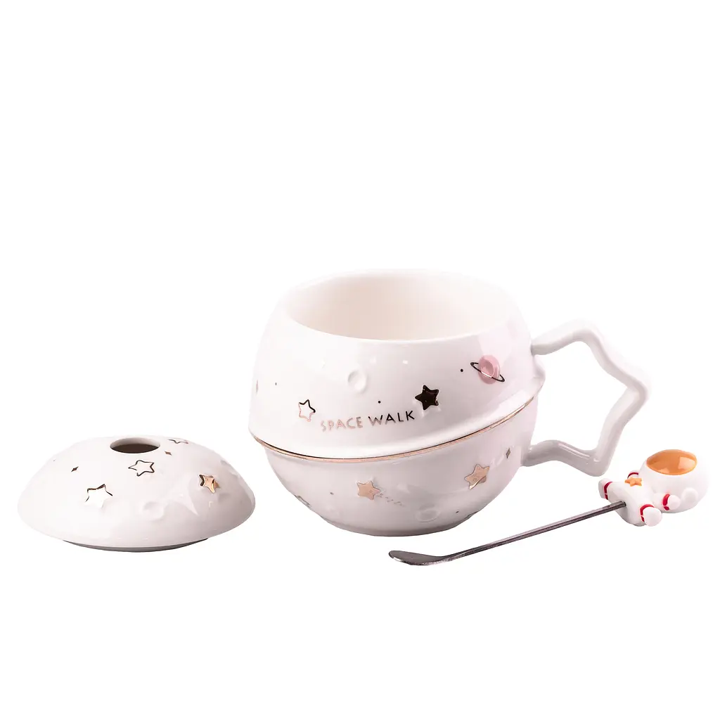 Чашка керамічна Happy Life Астронавт з кришкою та ложкою біла 400 мл HPCY8282W - фото 2