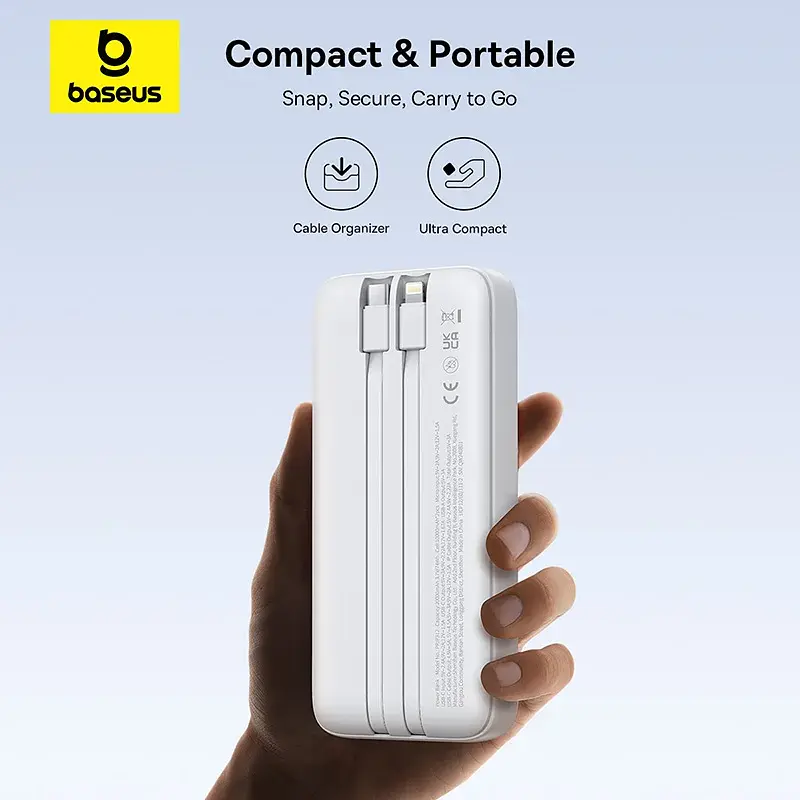 Зовнішній акумулятор Baseus EnerFill Power Bank 20000mAh 22.5W із 2 вбудованими кабелями USB-C + iP білий - фото 5