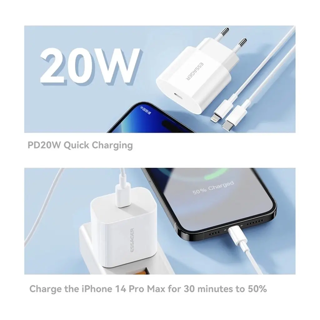 Зарядное устройство Essager USB-C PD20W + cable USB-C to Lightning white (EFJB02-XBL02-T) - фото 3