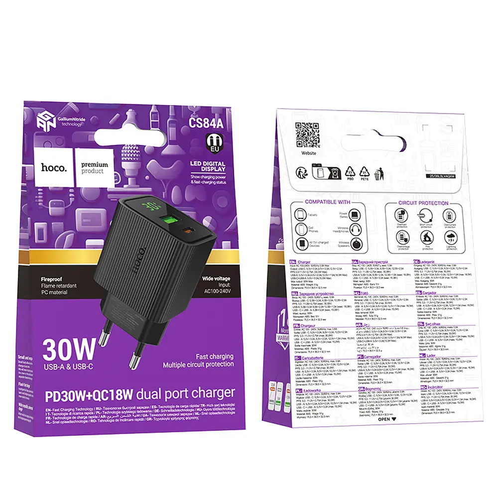 МЗП Hoco CS84A Excellent PD30W+QC3.0 charger with digital display(EU) Black - фото 2