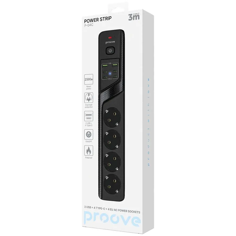 Мережевий фільтр Proove Power Strip P-04C (4 розетки + 2 USB + 4 Type-C) 3М black (PSPS25002431) - фото 2