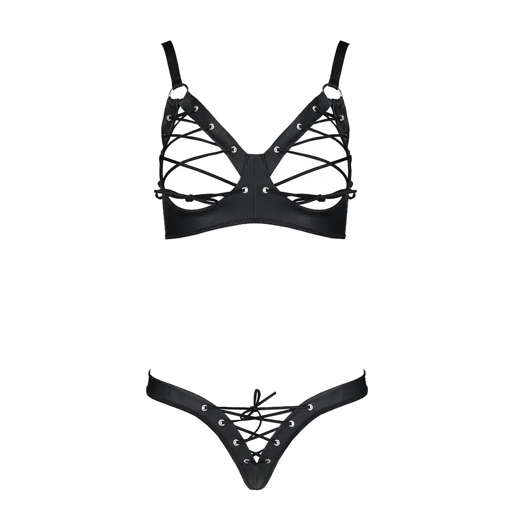 Комплект з екошкіри Passion CELINE BIKINI 6XL/7XL black, відкритий бра, стрінги зі шнурівкою - фото 3