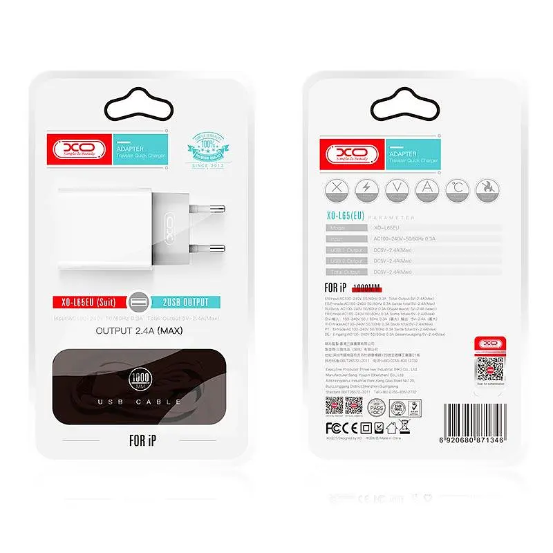 Адаптер мережний XO Lightning Cable Dual USB charger L65 |2USB, 2.4A| - фото 2