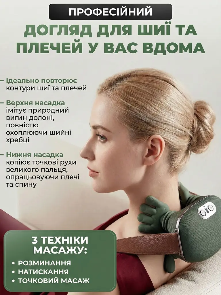 Технологічний бездротовий роликовий масажер для шиї та плечей 2в1 з підігрівом, з імітацією ручного масажу та терапією для всього - фото 4