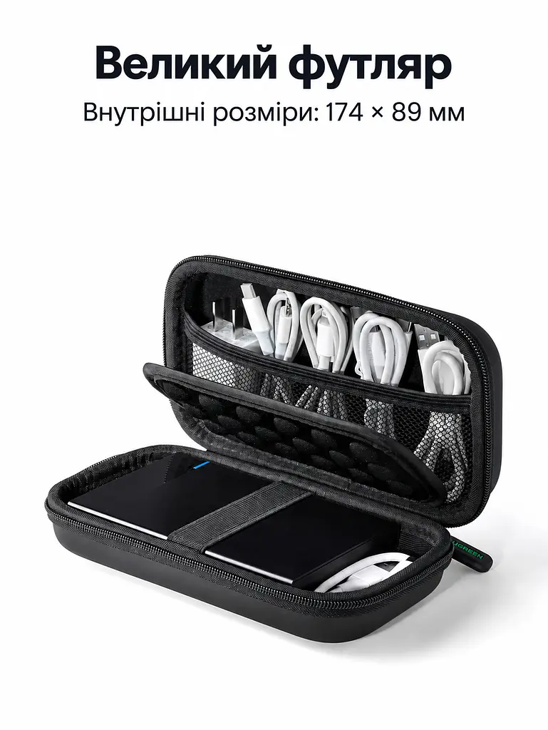 Защитный футляр для жёсткого диска и аксессуаров UGREEN LP128 малый 16,5 × 9,5 × 4,5 см органайзер для накопителя 2,5″ с защитой от брызг с оболочкой EVA и противоударной подкладкой с эластичными фиксаторами с сетчатым карманом для кабелей с мягкой перегородкой чёрный (40707) - фото 10
