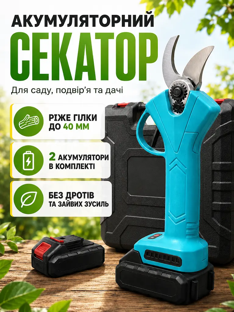 Акумуляторний секатор електричний для обрізання дерев, кущів і винограду до 40 мм з 2 АКБ та кейсом (49675921) - фото 2