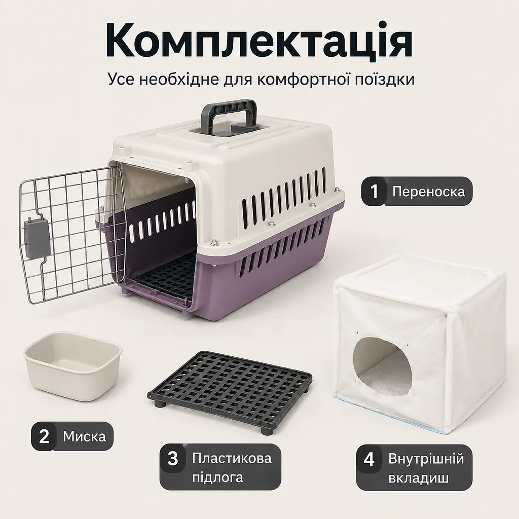 Переноска для котів і собак до 12 кг 48×32×30 - вентильована з комплектом (підвісна миска тавнутрішнім вкладишем) KT8002013 - фото 3