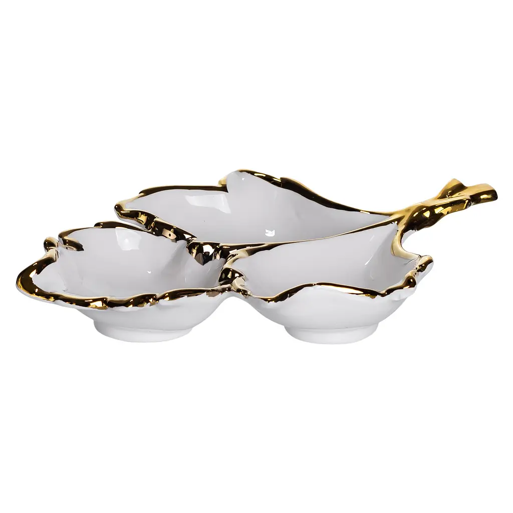 Менажница фарфоровая на 3 секции для закусок 27×19.5×4 (см) Белый с золотом Yiwu ZBSY-12 - фото 2