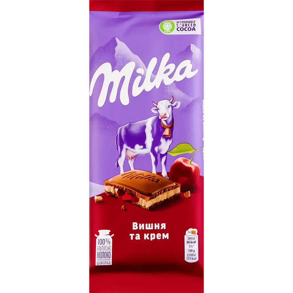 Шоколад Milka Вишня та Крем молочний 90г