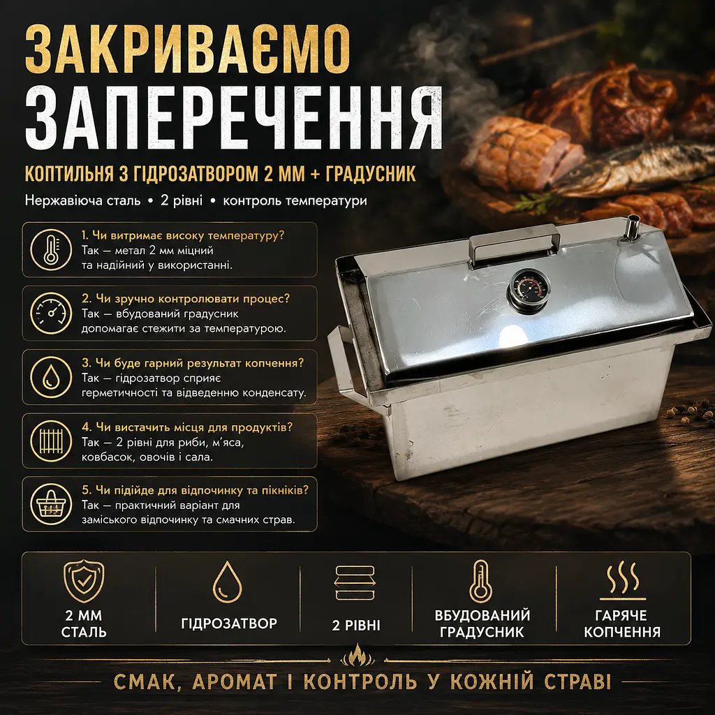 Коптильня гарячого копчення з нержавіючої сталі 2 мм з гідрозатвором і градусником 50х30х33 см - фото 2