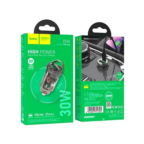 Автомобільне зарядне пристрій HOCO Z53A Vision PD30W+QC3.0 transparent чорний - фото 4
