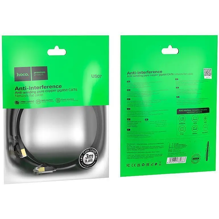 Патч-корд Hoco US07 General Cat 6 U/UTP Pure Copper Flat Network Cable 3m Black (780690) [149273] - фото 6