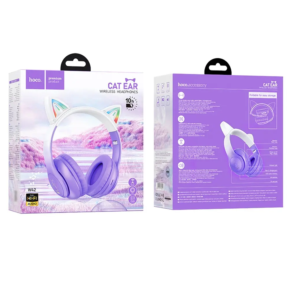 Навушники бездротові Hoco W42 Cat Ear накладні з вушками та LED підсвічуванням фіолетовий - фото 4