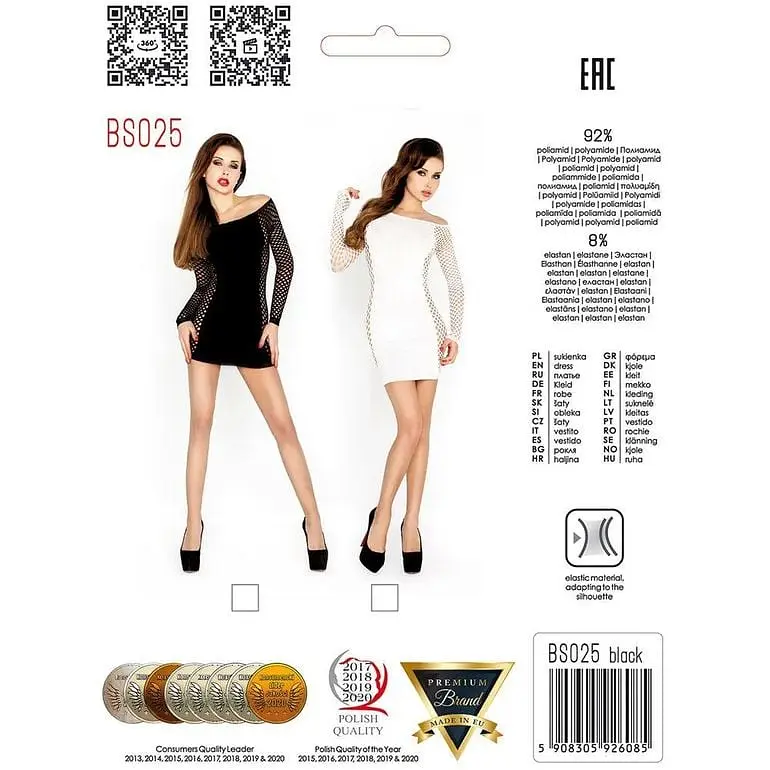 Бодістокінг Passion BS025 white, сукня-сітка, спущене плече, довгий рукав, S/M/L - фото 5